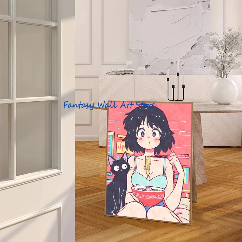 Póster de chica anime con orejas de gato comiendo ramen, estética, arte de anime de ramen, impresiones de estilo japonés, decoración de dibujos animados, pintura en lienzo de chica sexy