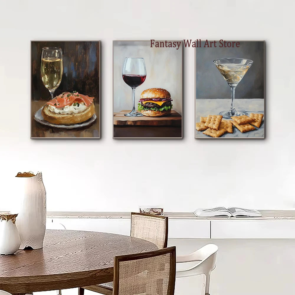 Alimentation Cuisine Cocktail Vin Art Déco Impression sur toile Affiche Cuisine Salle à manger Salon Décoration murale esthétique Impressions pour gourmands