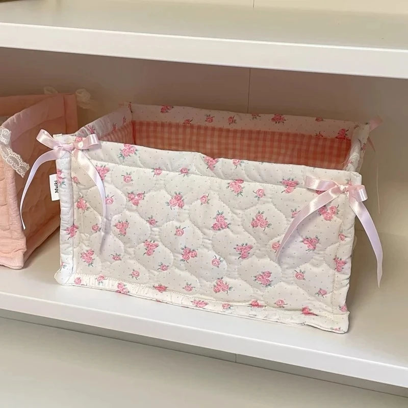 Cesta de almacenamiento cuadrada con encaje y flores, organizador de escritorio, cesta de almacenamiento acolchada coreana, bonita cesta de almacenamiento, decoración del hogar