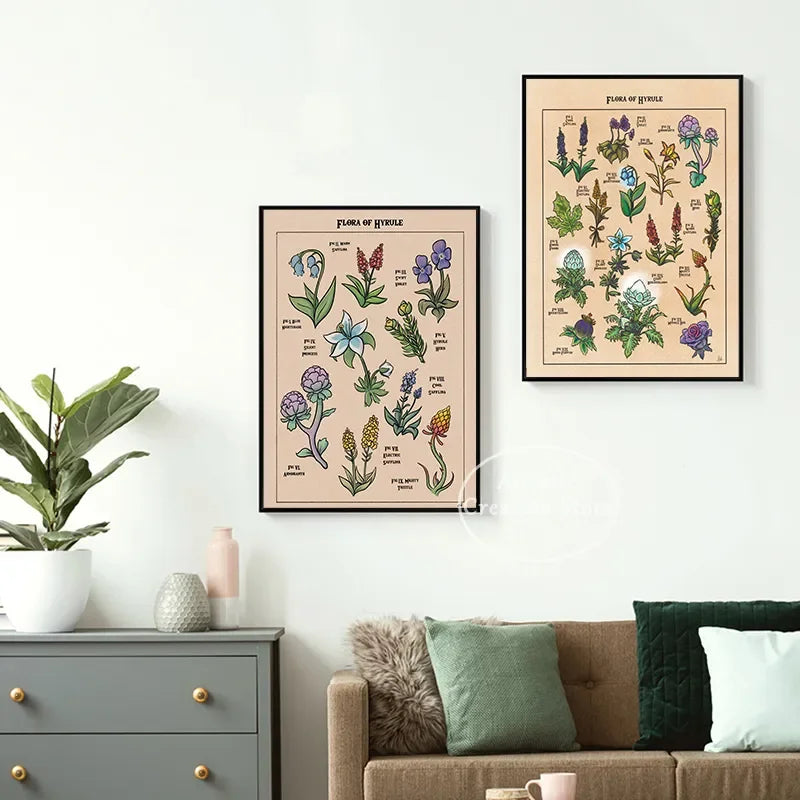 Flora de Hyrule inspirée des jeux vidéo, affiches Koroks, livre sur les plantes du monde des champignons, toile imprimée, images murales, décoration de salle de jeux