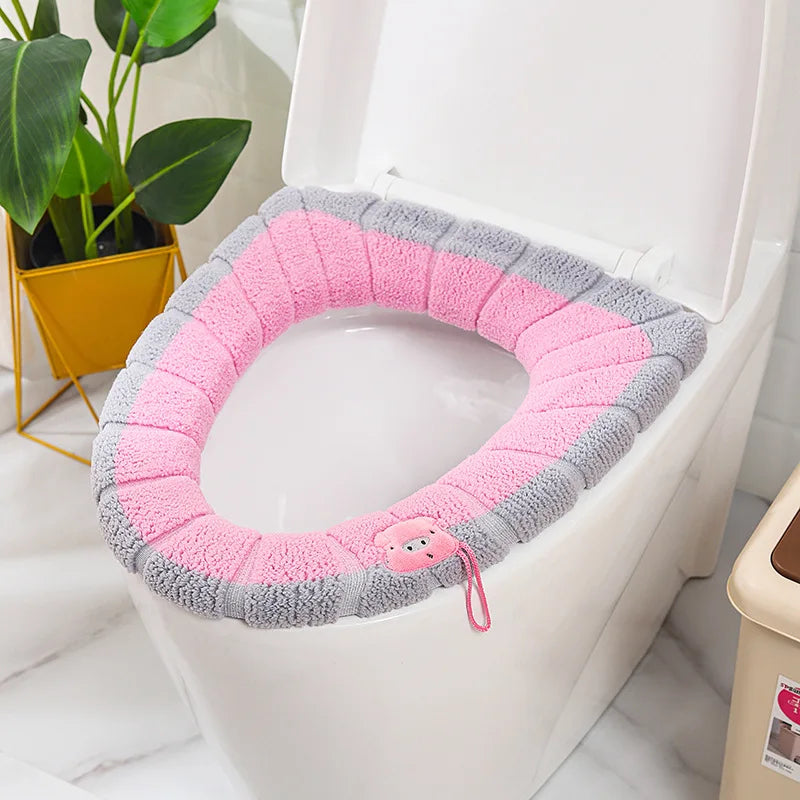 Funda de asiento de inodoro cálida de invierno, alfombrilla de inodoro para baño con asa, cojín grueso suave lavable, accesorios para calentador de inodoro