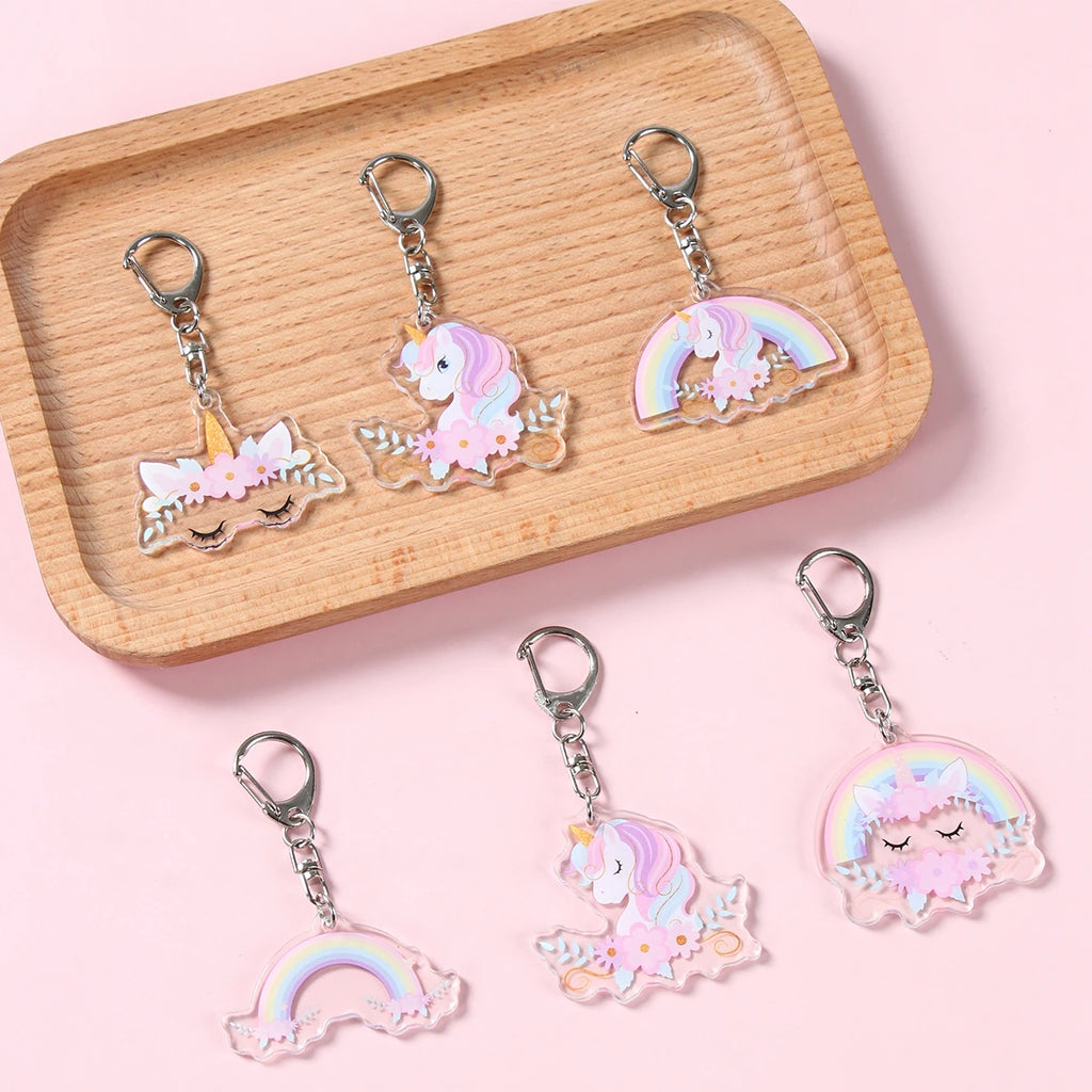 6 colgantes acrílicos de llavero de unicornio arcoíris, decoración de fiesta de cumpleaños de unicornio, regalos para niños, baby shower, recuerdos de boda