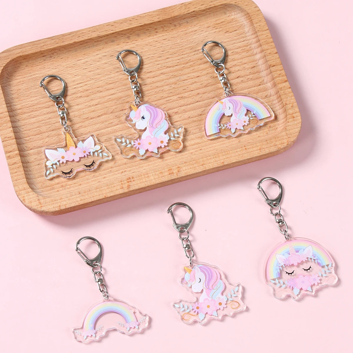 6 colgantes acrílicos de llavero de unicornio arcoíris, decoración de fiesta de cumpleaños de unicornio, regalos para niños, baby shower, recuerdos de boda