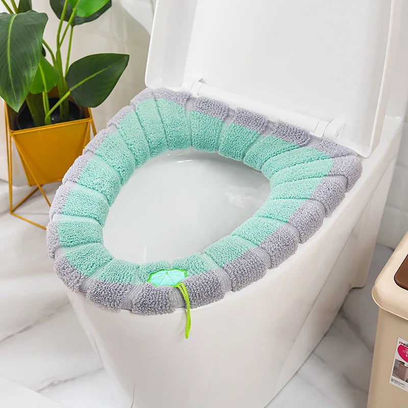 Funda de asiento de inodoro cálida de invierno, alfombrilla de inodoro para baño con asa, cojín grueso suave lavable, accesorios para calentador de inodoro