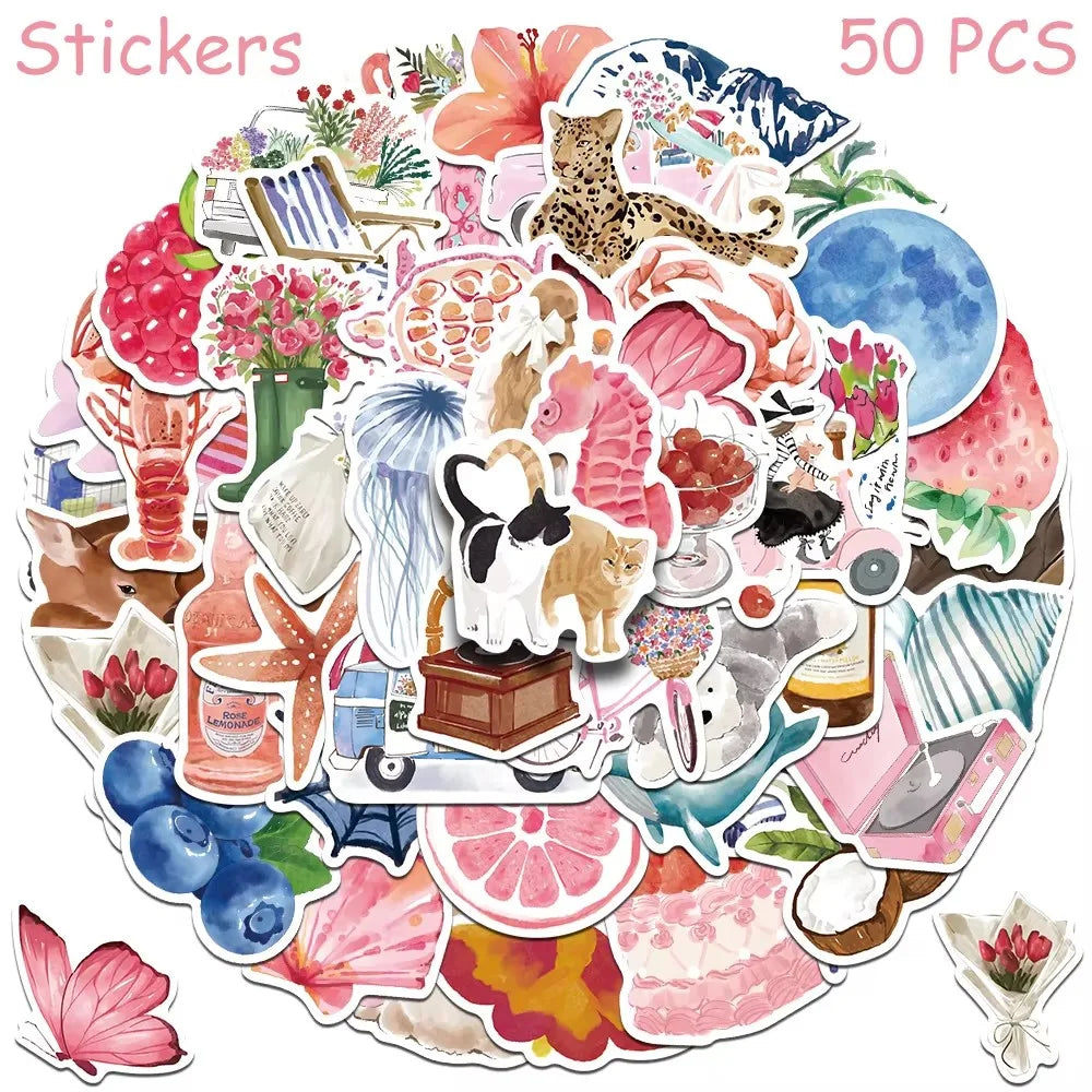 50/100 autocollants aquarelle pour journal, décalcomanies pour téléphone, ordinateur portable, scrapbooking, bagages, casque, graffiti, autocollants esthétiques, cadeaux