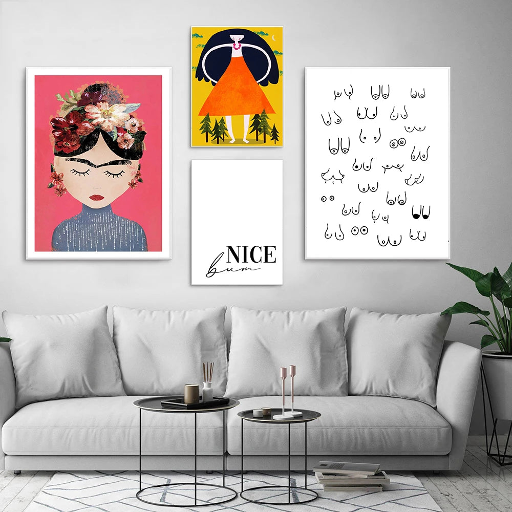 Affiche féministe bohème seins fleurs mains, toile peinture décoration de chambre, œuvre d'art Frida K pour la décoration murale du salon