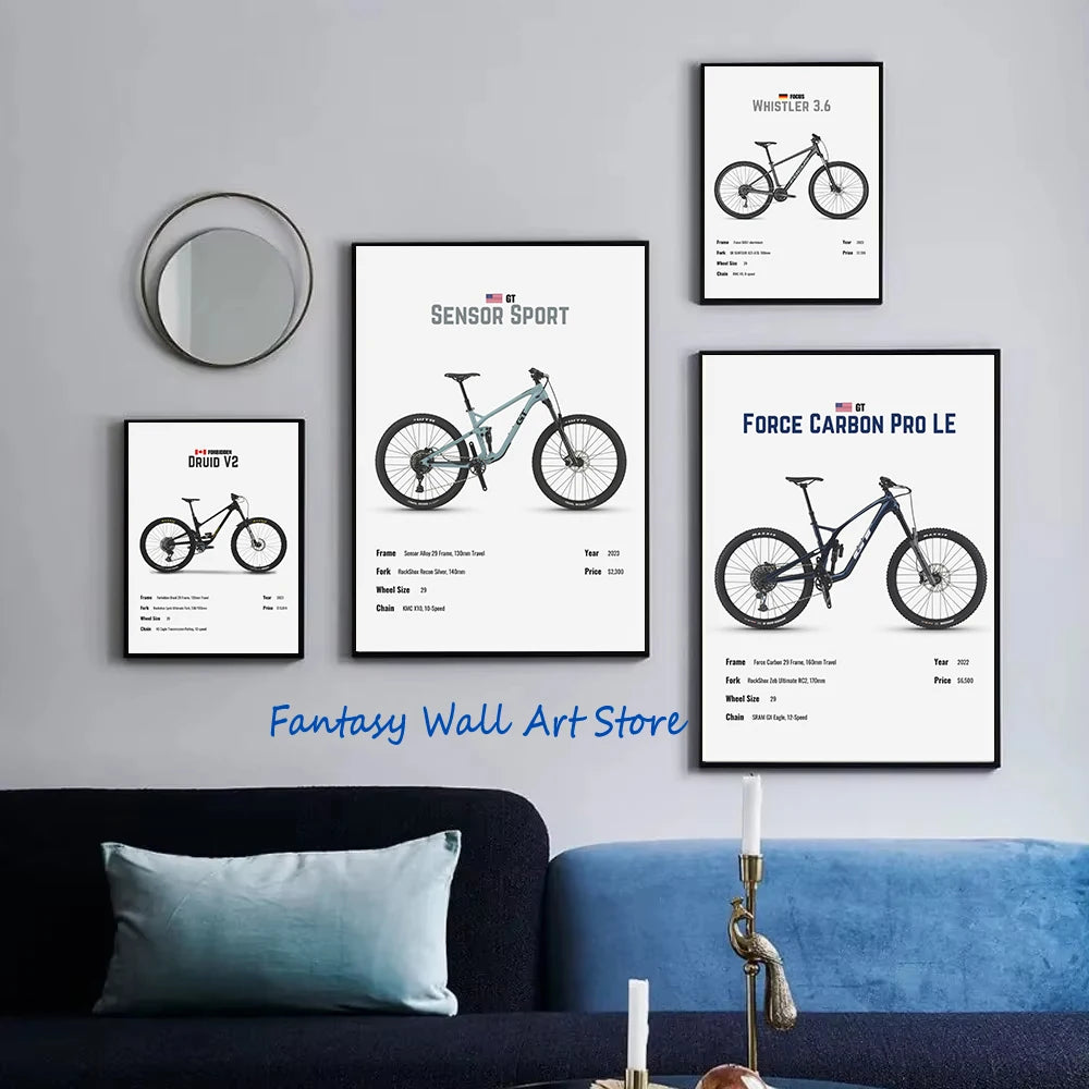 Bicicleta de Montaña de Lujo, Bicicleta Famosa, Parámetros, Póster Minimalista, Cuadro en Lienzo, Imágenes de Pared, Decoración para el Hogar, Regalos para Amantes de las Bicicletas
