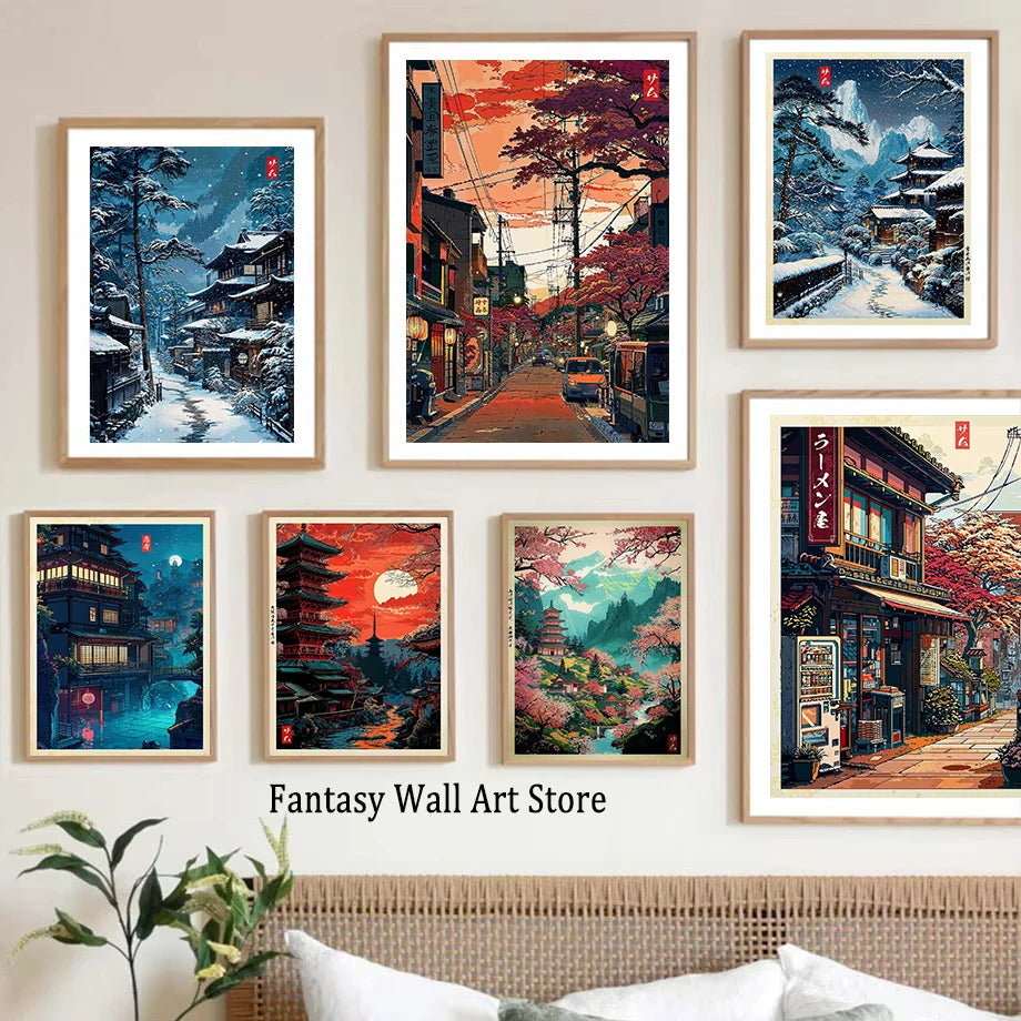 Tokio Paisaje Anime Ilustración Lámina Póster Escena Nocturna Japonesa Fuji Estilo Pintura Vintage Arte Decorativo Lienzo Arte de Pared Retro