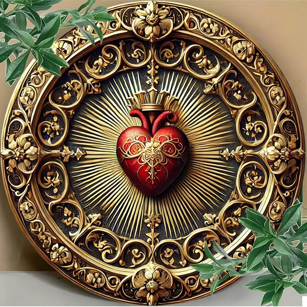 Arte de Pared Vintage del Sagrado Corazón de Aluminio - Decoración Religiosa Dorada y Roja, Arte Espiritual para el Hogar u Oficina