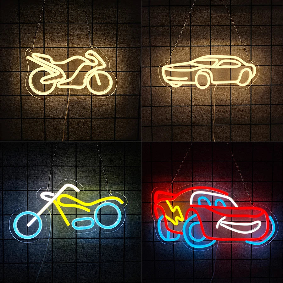 Letreros de neón de la serie de coches, iconos luminosos de motocicletas y coches, alimentados por USB, utilizados para la decoración de habitaciones, bares, clubes, salas de juegos, cuevas de hombres.
