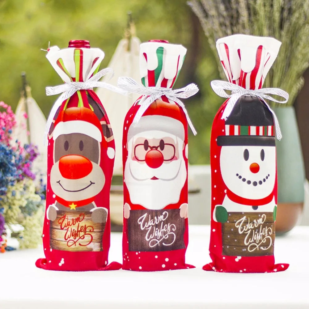 Décoration de Noël joyeuse pour la maison 2024 Housse de bouteille de vin Père Noël Chaussette bonhomme de neige Porte-cadeaux Décoration de Noël Nouvel An