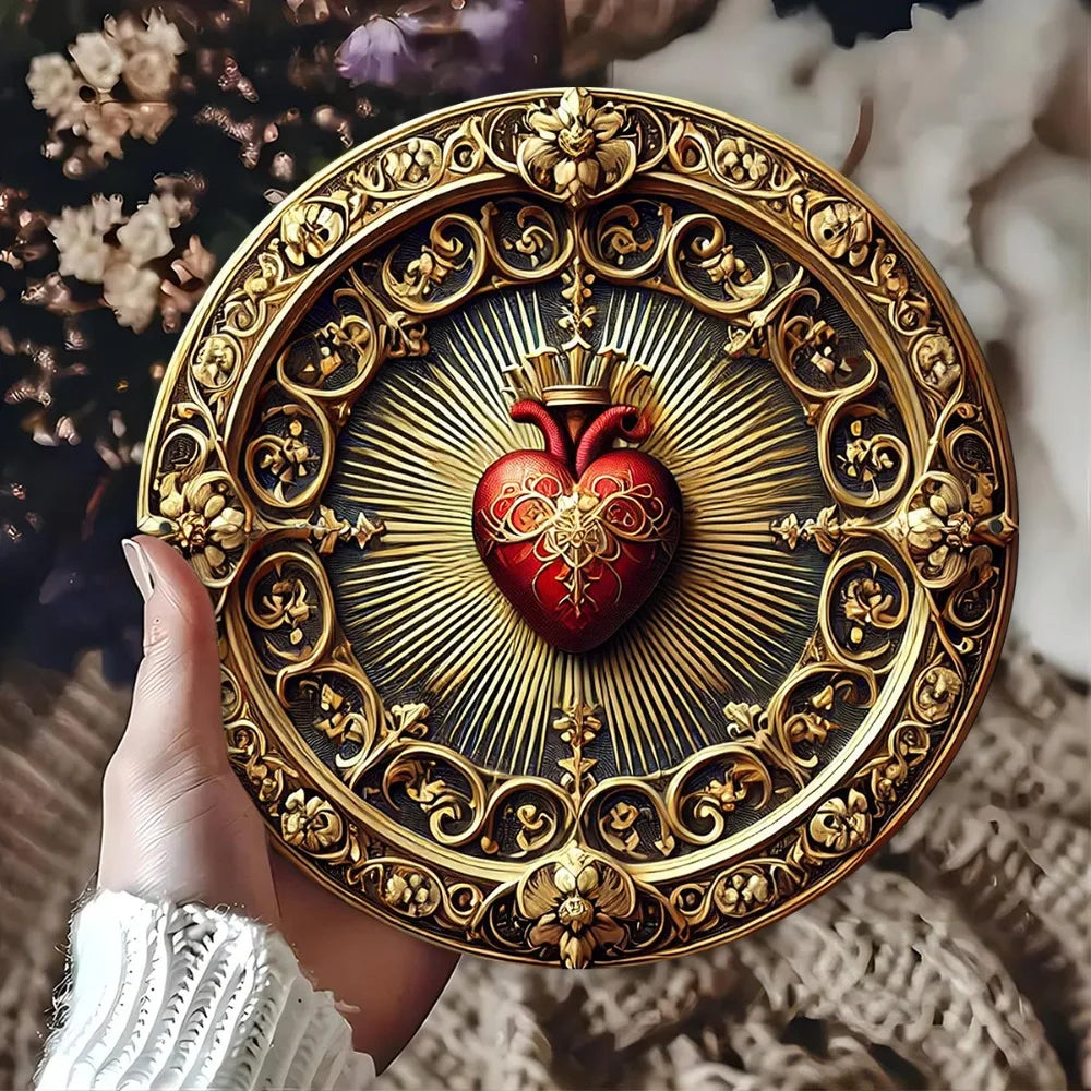 Arte de Pared Vintage del Sagrado Corazón de Aluminio - Decoración Religiosa Dorada y Roja, Arte Espiritual para el Hogar u Oficina