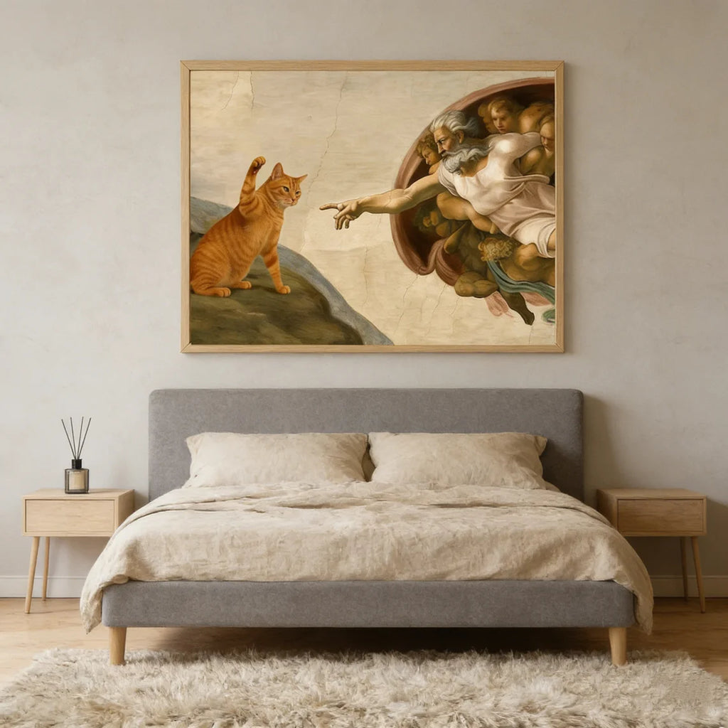 "Décor mural fantaisiste 'La Création d'Adam' avec Chat Orange - Affiche Parodie d'Art Classique pour Salon Éclectique, Originale