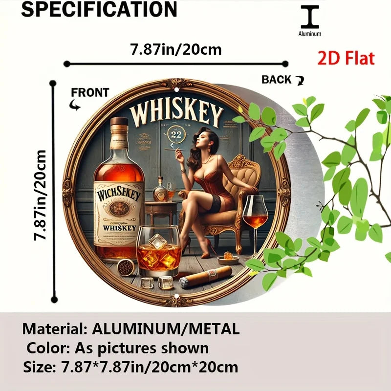 1 letrero de metal redondo vintage con temática de whisky - Diseño de logotipo inspirado en mujer del whisky y James Bond, arte de whisky escocés y bourbon