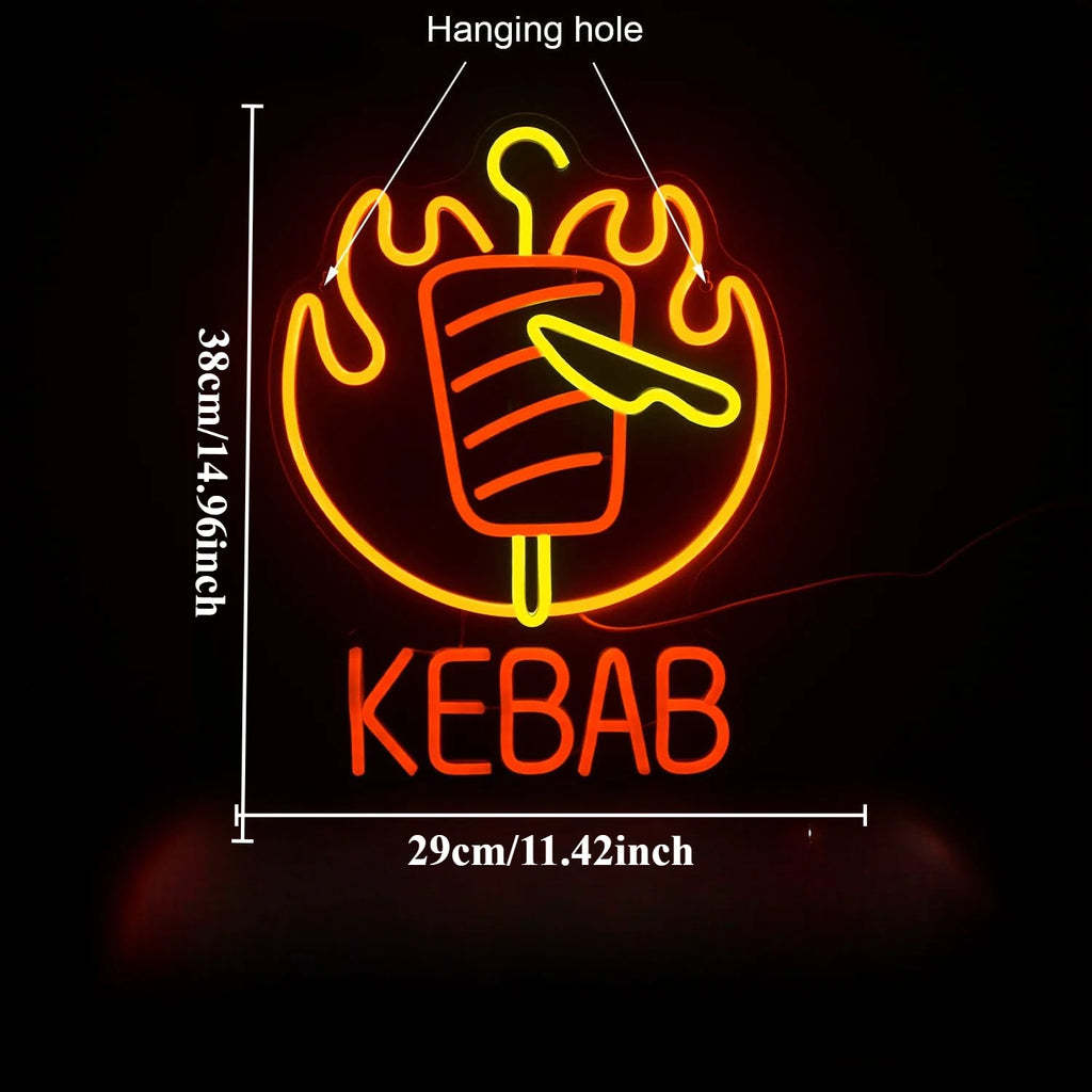 Enseigne au néon LED KEBAB avec flammes et couteau pour restaurant kebab, bar, décoration intérieure, fête, enseigne publicitaire unique