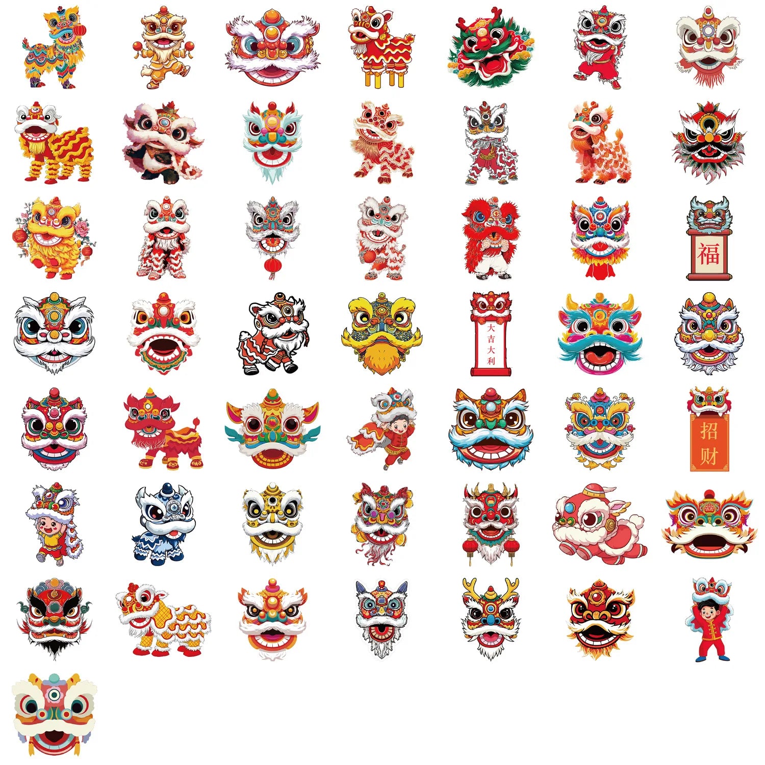 50/100PCS Cartoon New Year Lion Dance Graffiti Stickers - DIY Guitar Notebook Luggage Waterproof Stationery Decorative Stickers