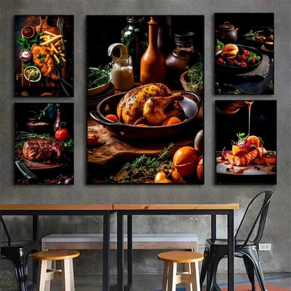 Póster de lienzo impreso para pared con diseño de pollo, comida, hamburguesa, patatas fritas, pollo y salmón, para sala de estar, hogar, restaurante y decoración