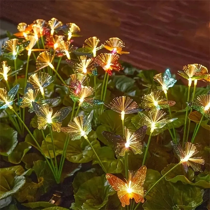 1 lampe solaire à fibre optique LED papillon à 6 têtes, 2 modes d'éclairage d'ambiance extérieur idéal pour jardin, allées, pelouse, patio, cour