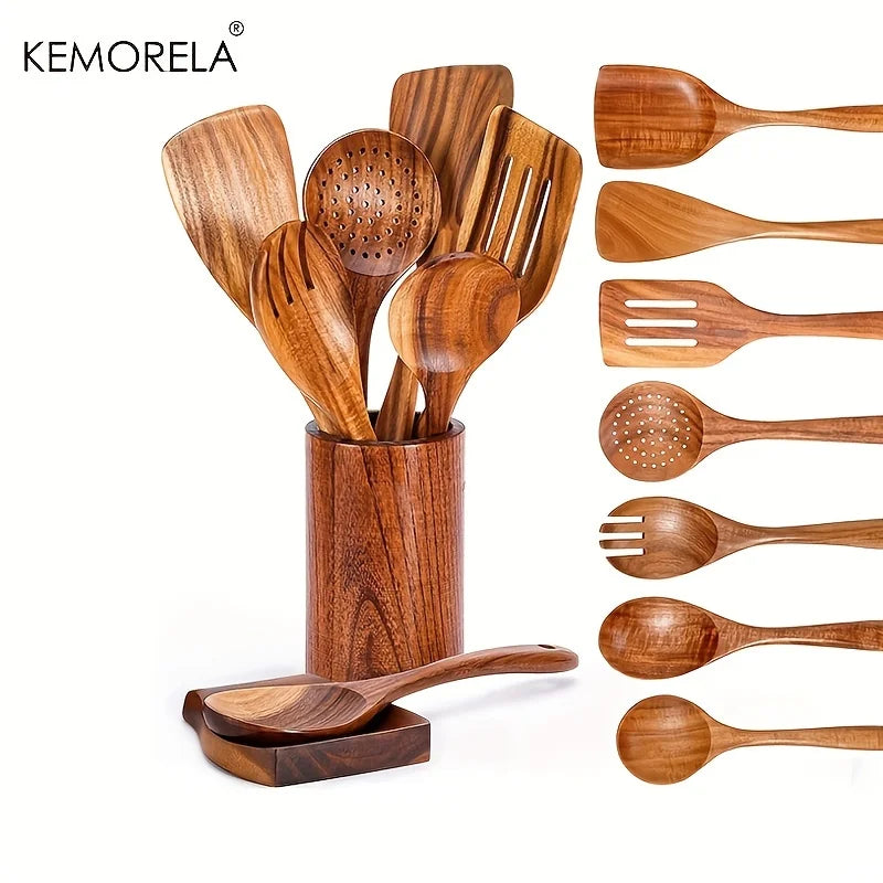9 ustensiles de cuisine en bois, ensemble d'ustensiles de cuisine en teck avec support, cuillères en bois pour la cuisine