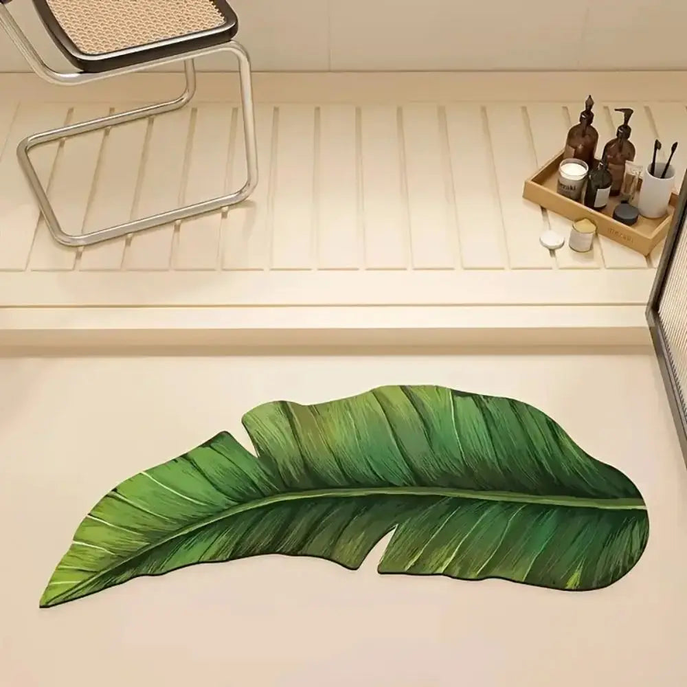 VIKAMA Alfombrilla de baño antideslizante de secado rápido, alfombra de ducha absorbente verde para el suelo del baño, alfombrilla de goma lavable con diseño de hojas y delgada