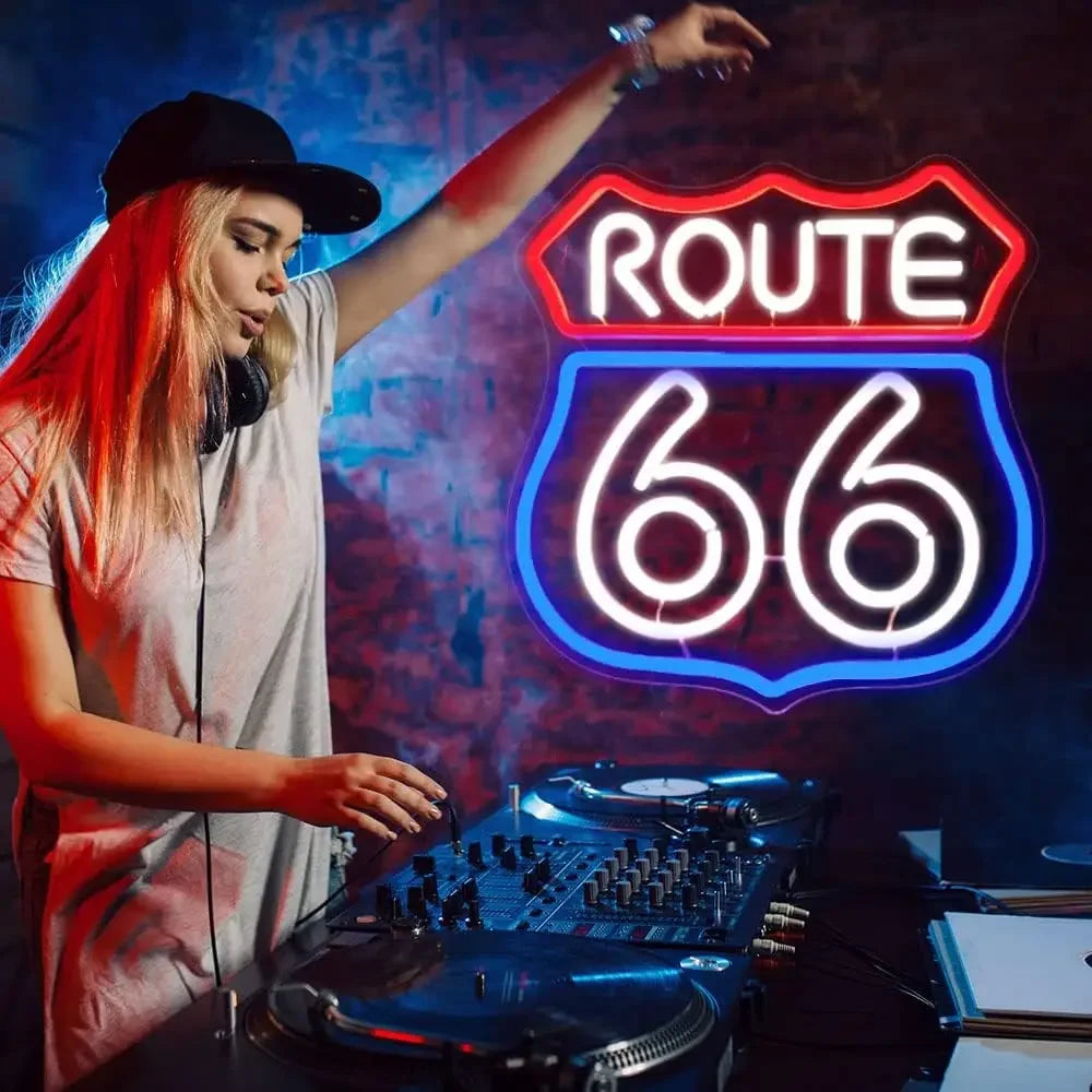 Enseignes Néon LED Route 66 Lumières Décoration Murale Chambre Panneaux Muraux Salle de Jeux Néons Fête Club