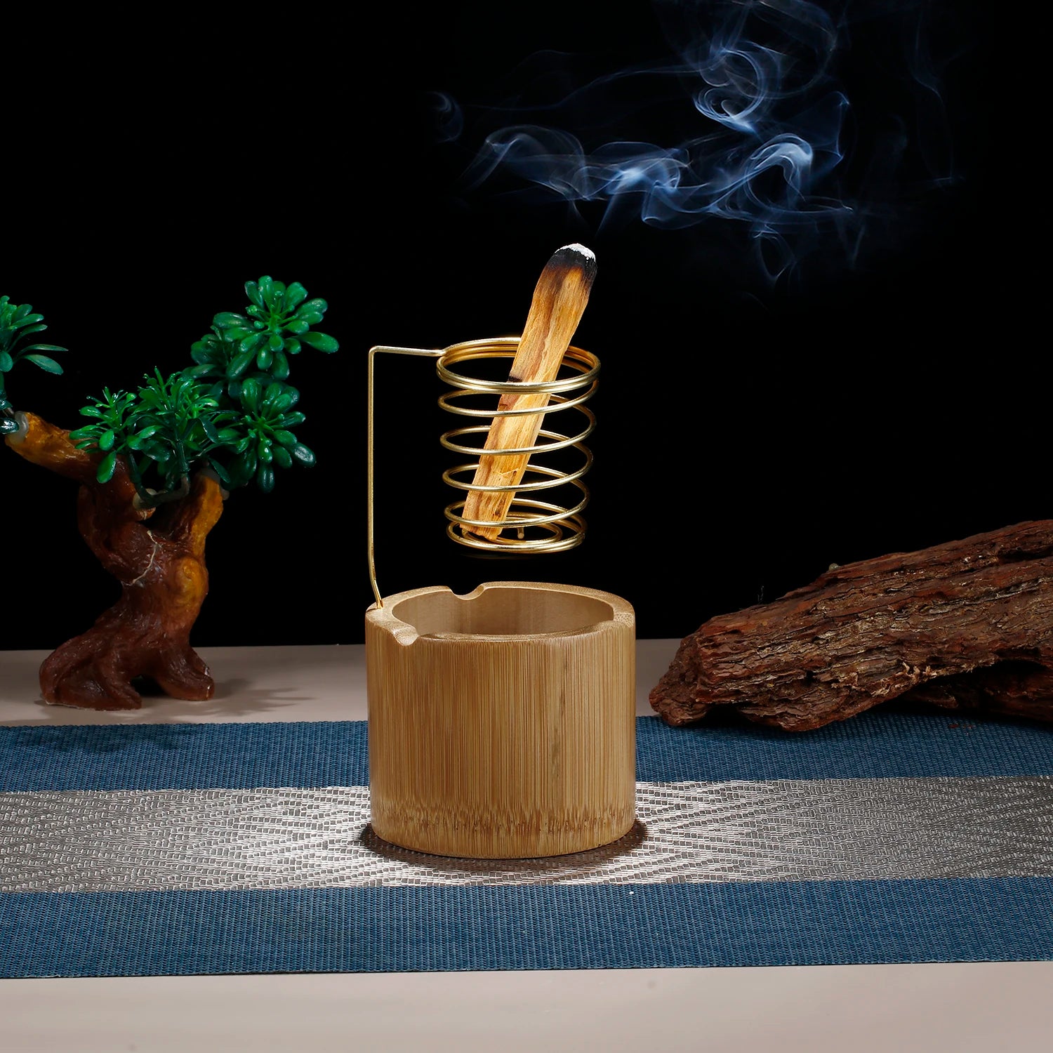 Soporte de Metal para Palo Santo, Quemador, Soporte para Salvia con Bandeja de Bambú para Recoger Cenizas, Porta Incienso para Meditación, Yoga, Spa