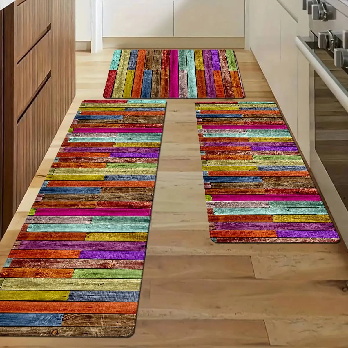 Nouveaux Tapis de Sol de Cuisine à Panneaux de Bois Arc-en-Ciel, Tapis Antidérapants pour Buanderie, Salle de Bain, Entrée, Tapis de Décoration Intérieure
