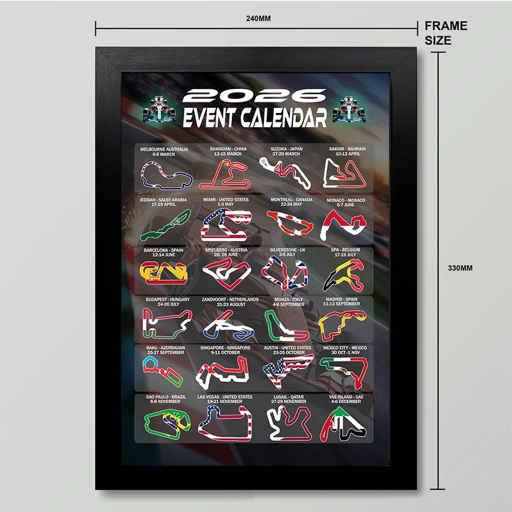 Cadeaux et Tentations 2026 Affiche du calendrier des événements de Formule Racing avec les tracés des pistes et les drapeaux nationaux, Impression d'art mural