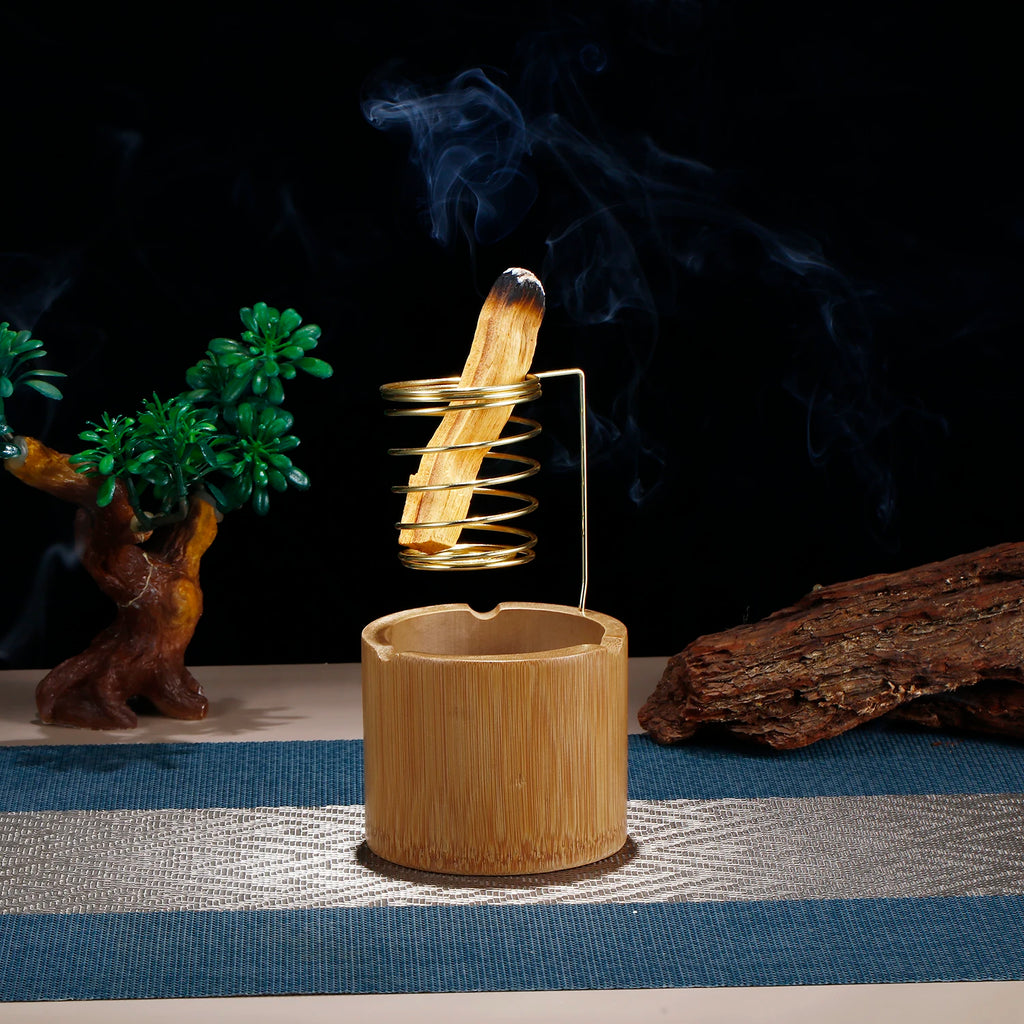 Soporte de Metal para Palo Santo, Quemador, Soporte para Salvia con Bandeja de Bambú para Recoger Cenizas, Porta Incienso para Meditación, Yoga, Spa