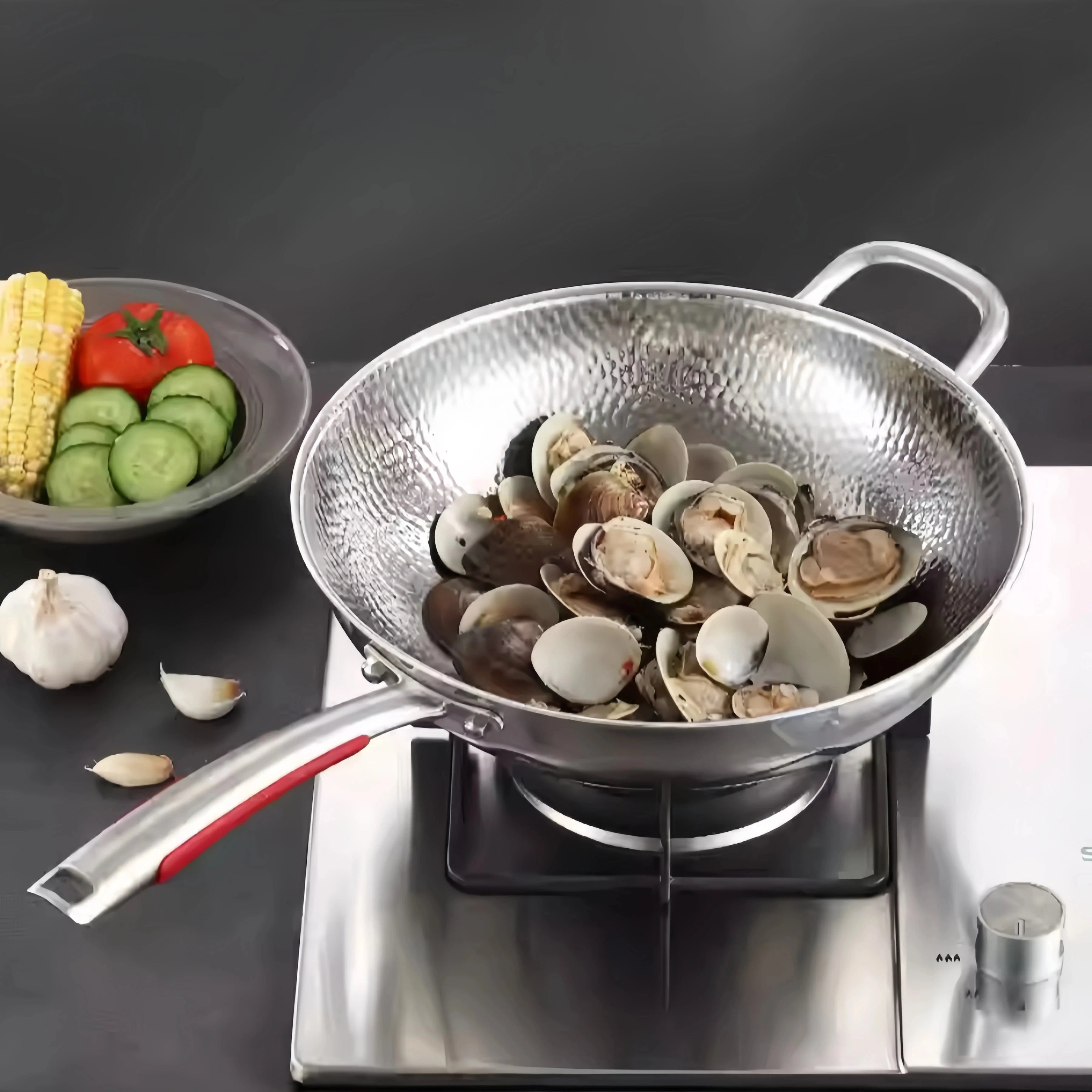 Wok de acero inoxidable de fondo redondo, sartén sin recubrimiento antiadherente, se puede usar en cocinas de inducción cóncavas, para saltear en el hogar