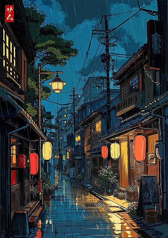 Tokio Paisaje Anime Ilustración Lámina Póster Escena Nocturna Japonesa Fuji Estilo Pintura Vintage Arte Decorativo Lienzo Arte de Pared Retro