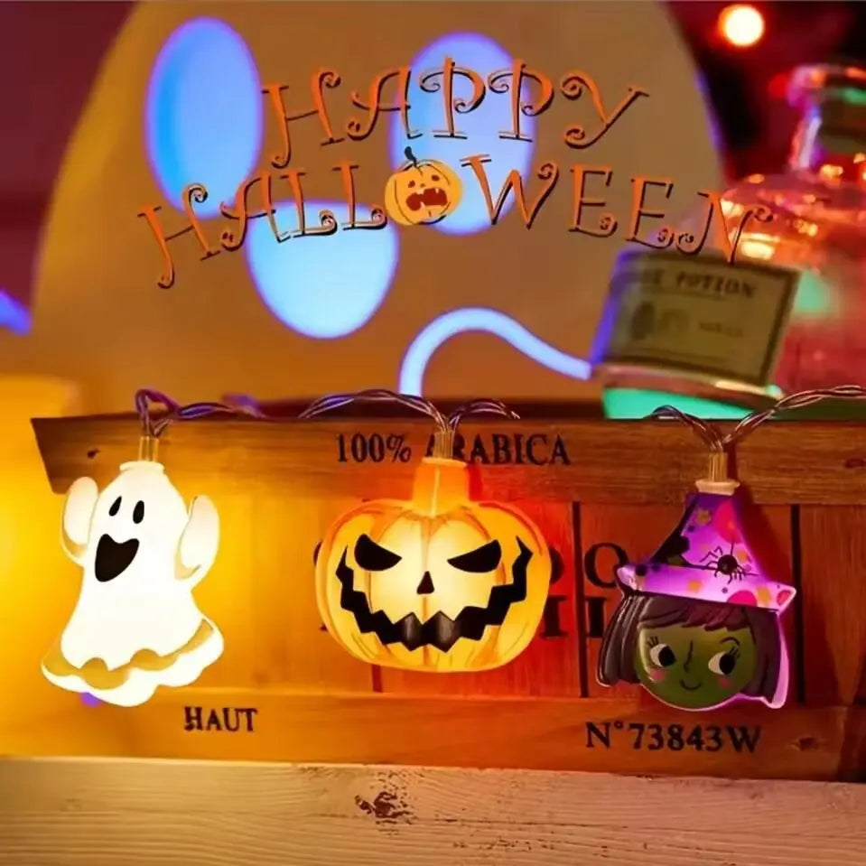 1 guirlande lumineuse d'Halloween 10/20 LED à piles en forme de fantôme, sorcière, chat, citrouille, toile d'araignée, squelette, momie, pirate pour l'intérieur