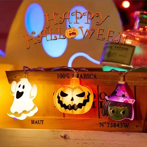 1PC Halloween 10/20 LED Battery Powered String Lights With Ghost Witch Cat Pumpkin Spider Web Skeleton Mummy Pirate Shape Indoor