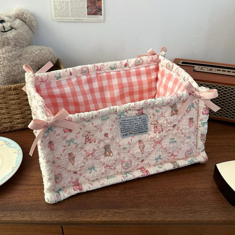Cesta de almacenamiento cuadrada con encaje y flores, organizador de escritorio, cesta de almacenamiento acolchada coreana, bonita cesta de almacenamiento, decoración del hogar