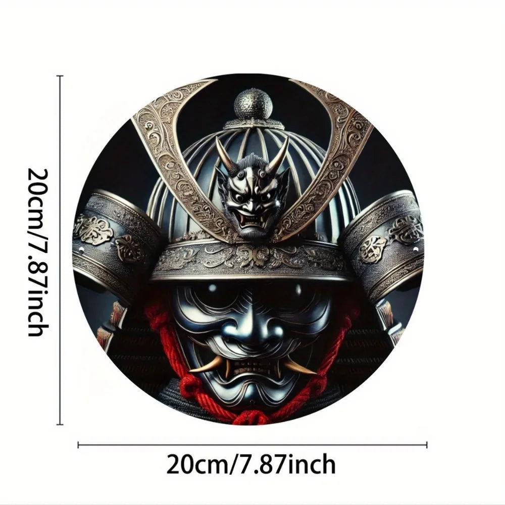 Letrero metálico redondo: Casco de samurái japonés (máscara de Oni) - Decoración de pared, dormitorio, cafetería, hogar y dormitorio universitario
