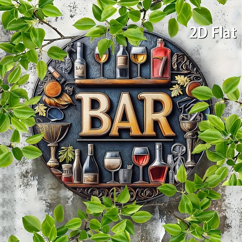 Enseigne murale ronde en métal vintage 2D, 1 pièce - Design élégant de vin et verres, art mural rond en aluminium rétro pour bars, cafés, maisons de plage