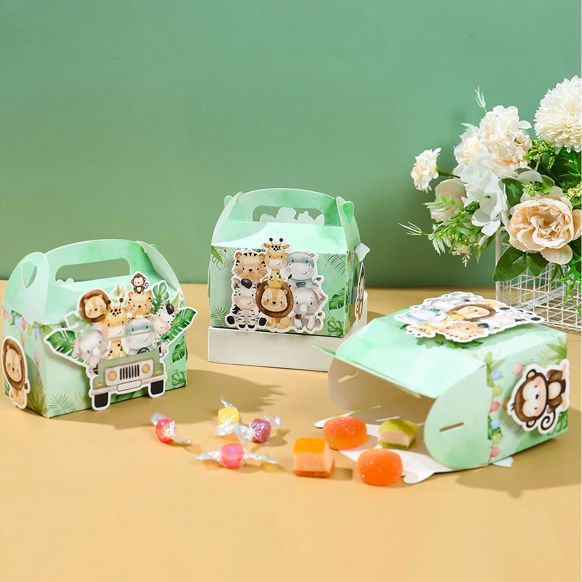 4 boîtes de bonbons DIY Animaux de la jungle, Décoration de fête d'anniversaire Safari, Boîte d'emballage cadeau pour enfants, Fournitures de baby shower Wild One