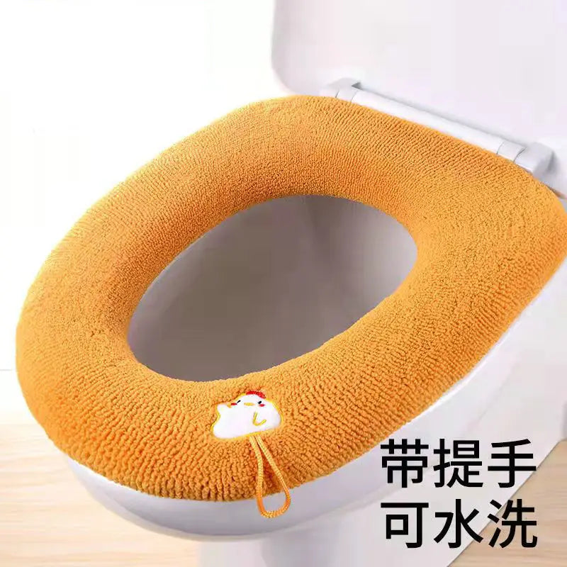 Funda de asiento de inodoro cálida de invierno, alfombrilla de inodoro para baño con asa, cojín grueso suave lavable, accesorios para calentador de inodoro