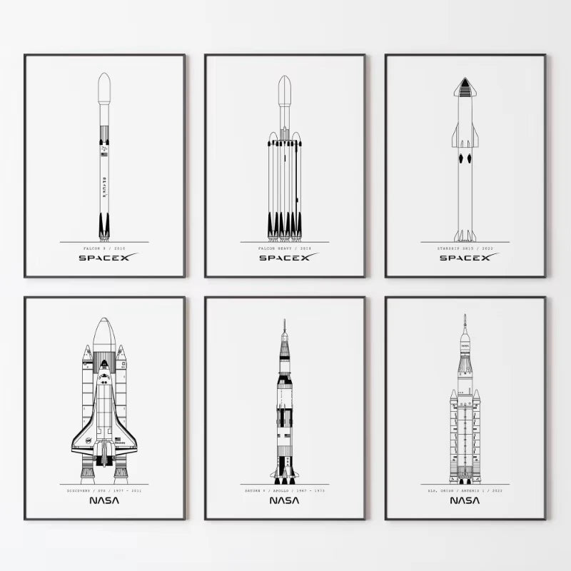 NASA and SpacX Poster Minimalist Space Rocket Blueprints Canvas Painting Modern Wall Art Picture for Living Room Home Decor