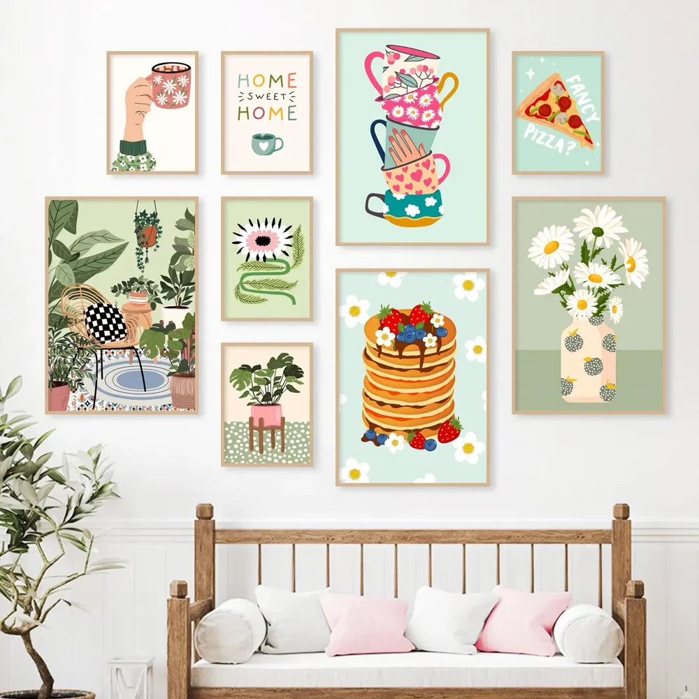 Plantas Tropicales Margarita Jarrón Pizza Taza de Café Comida Carteles Abstractos Láminas Arte de Pared Lienzo Fotos Boho Cocina Sala de Estar Decoración