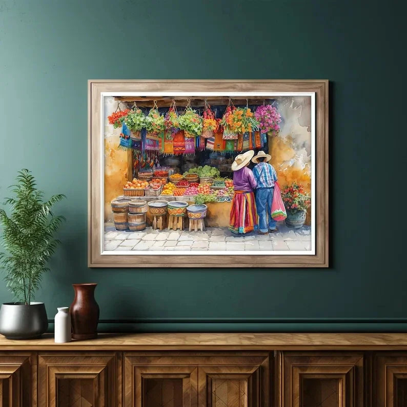 Arte de pared de México colorido vintage, pintura tradicional de la vida en el mercado, póster impreso en lienzo HD, decoración para sala de estar, dormitorio