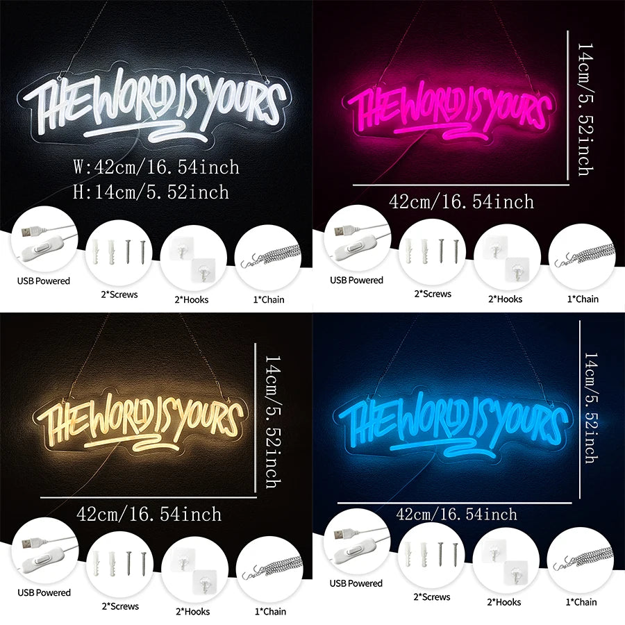 Enseigne néon "The World Is Yours", icône de lettre LED, alimentée par USB, utilisée pour la chambre, la maison, un rendez-vous de la Saint-Valentin, la décoration de fond de mariage.