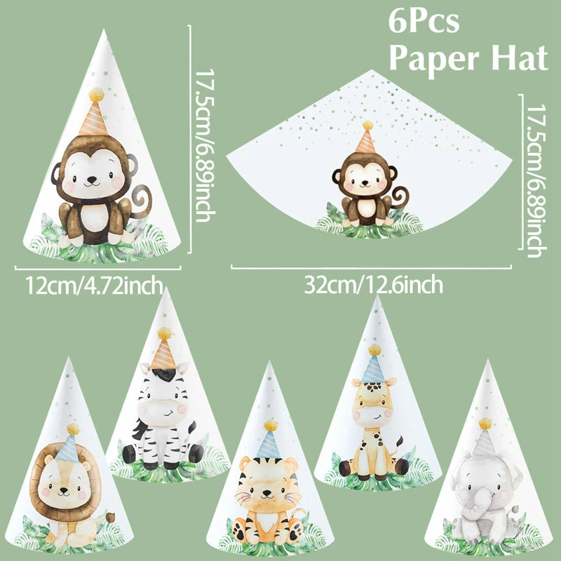 Jungle Animals Party Paper Hats Happy Birthday Party Decoration Kids Safari Animal Wild One Birthday Decor Supplies Baby Shower
