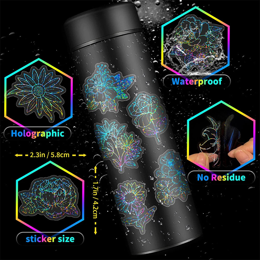 10/30/50 autocollants de dessin animé holographiques laser fleur esthétiques pour ordinateur portable, carnet, téléphone, valise, décoration, décalcomanies, jouet pour enfant