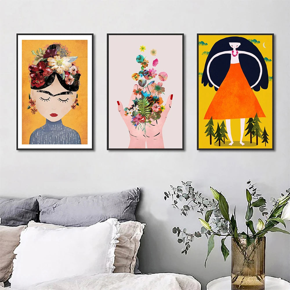 Affiche féministe bohème seins fleurs mains, toile peinture décoration de chambre, œuvre d'art Frida K pour la décoration murale du salon