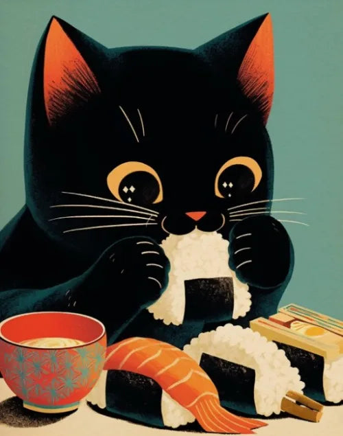 Póster Vintage Japonés Gato Comiendo Ramen Sushi Maneki Neko Arte de Pared de Cocina Gato Japonés Neko Decoración de Pared Lienzo Pintura Restaurante