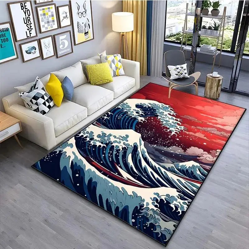 VIKAMA Alfombra de estilo japonés Ukiyo-e para vestíbulo, alfombrilla para balcón, cocina, sala de estar, dormitorio con motivo de la Gran Ola de Kanagawa