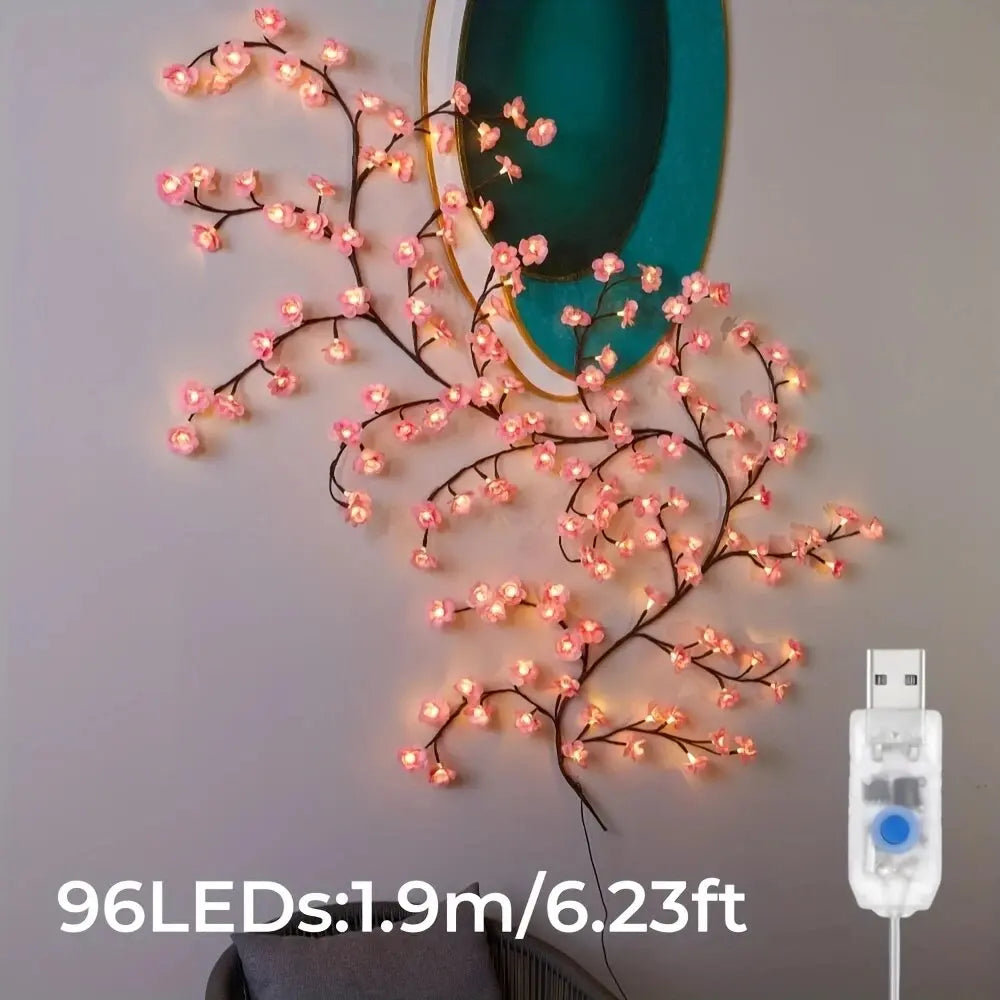 1PC 96 LED Guirlande Lumineuse Branche Fleur de Cerisier, 8 Modes Alimentée par USB Lumière d'Ambiance Murale Idéale