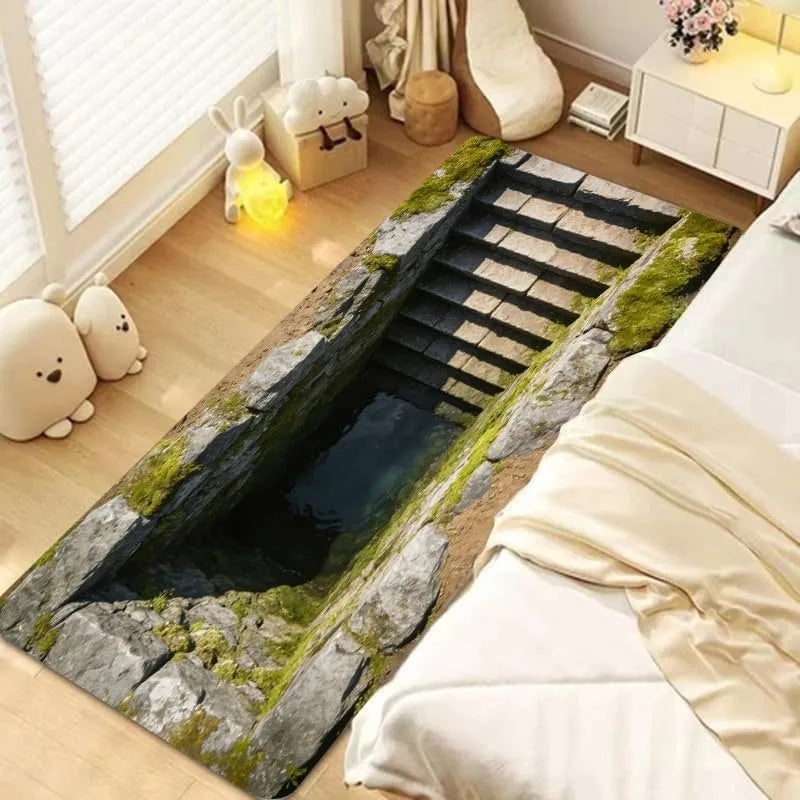 Tapis de couloir 3D Illusion d'optique escalier en pierre Étang Tapis de sol amusant avec trou Décoration d'intérieur antidérapant Tapis doux pour couloir salon