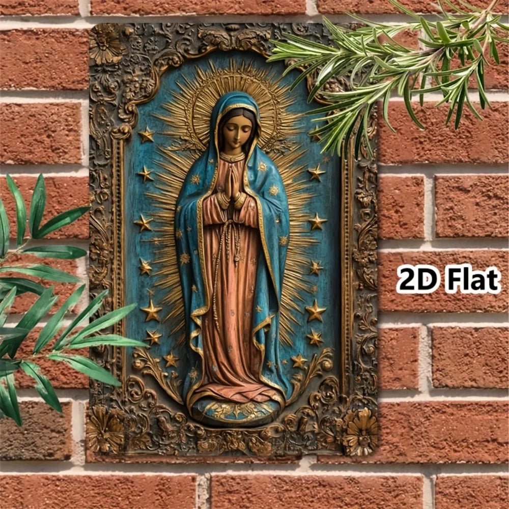 Letrero metálico vintage de la Virgen de Guadalupe - Placa de aluminio Golden Star de 8x12", decoración interior y exterior para garaje